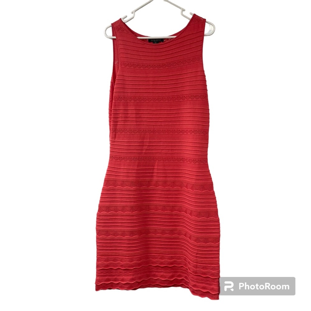 Lauren Ralph Lauren Dress Coral Pink Ribbed Lace Sheath Attached Slip Size M